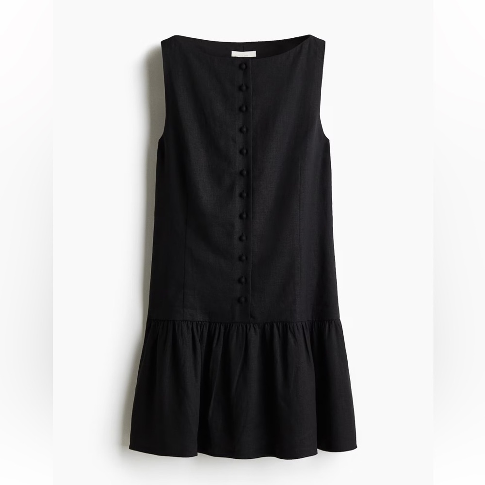 H&M Black Sleeveless Button-Front Linen Blend Mini Dress